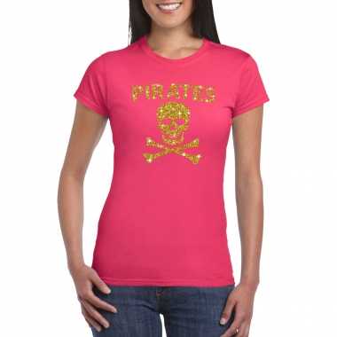 Piraten shirt foute party verkleed carnavalpak carnavalpak goud glitter roze dames