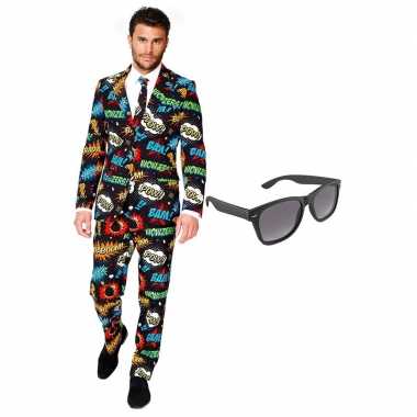 Verkleed comic print net heren carnavalpak maat 56 (xxxl) met gratis