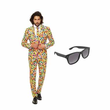 Verkleed confetti print net heren carnavalpak maat 54 (xxl) met grati