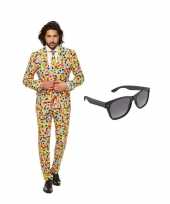 Verkleed confetti print net heren carnavalpak maat 56 xxxl met gratis zonnebril
